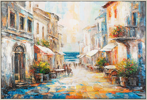 "Warm Breeze" – Charming Street Scene with Sea View, Hand-Painted Acrylic on Canvas
