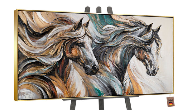 Acrylbild Pferde mit goldener Umrahmung – elegante Wandkunst