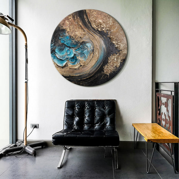 acrylbild wohnzimmer rund, kunst in gold und blau