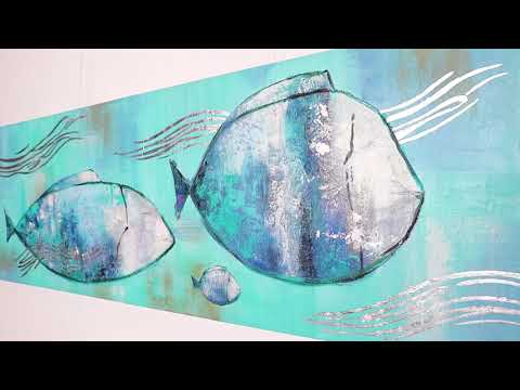 Abstract painting on canvas with frame "Sea family" 60x20 inch