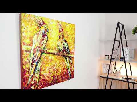 Abstract birds painting with frame "Sun parrots" 35x35 inch