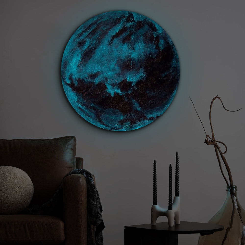 Luminous acrylic painting in planet form "Venus" Abstract art