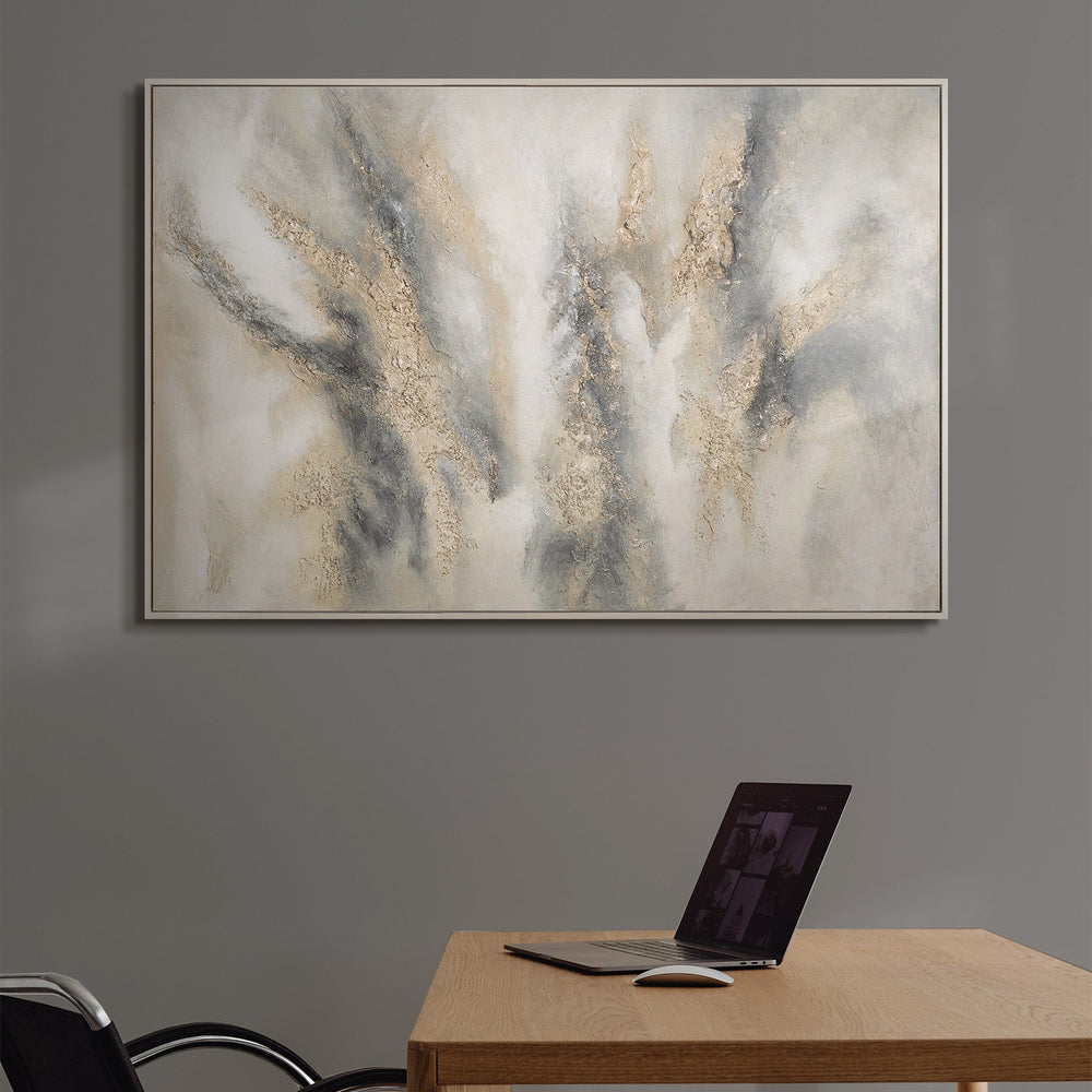 Abstract painting, beige and grey – textured canvas print with frame “Cloud Melody”