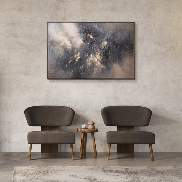 Modern acrylic painting in grey and gold with frame – Abstract wall art “Sky Glow”
