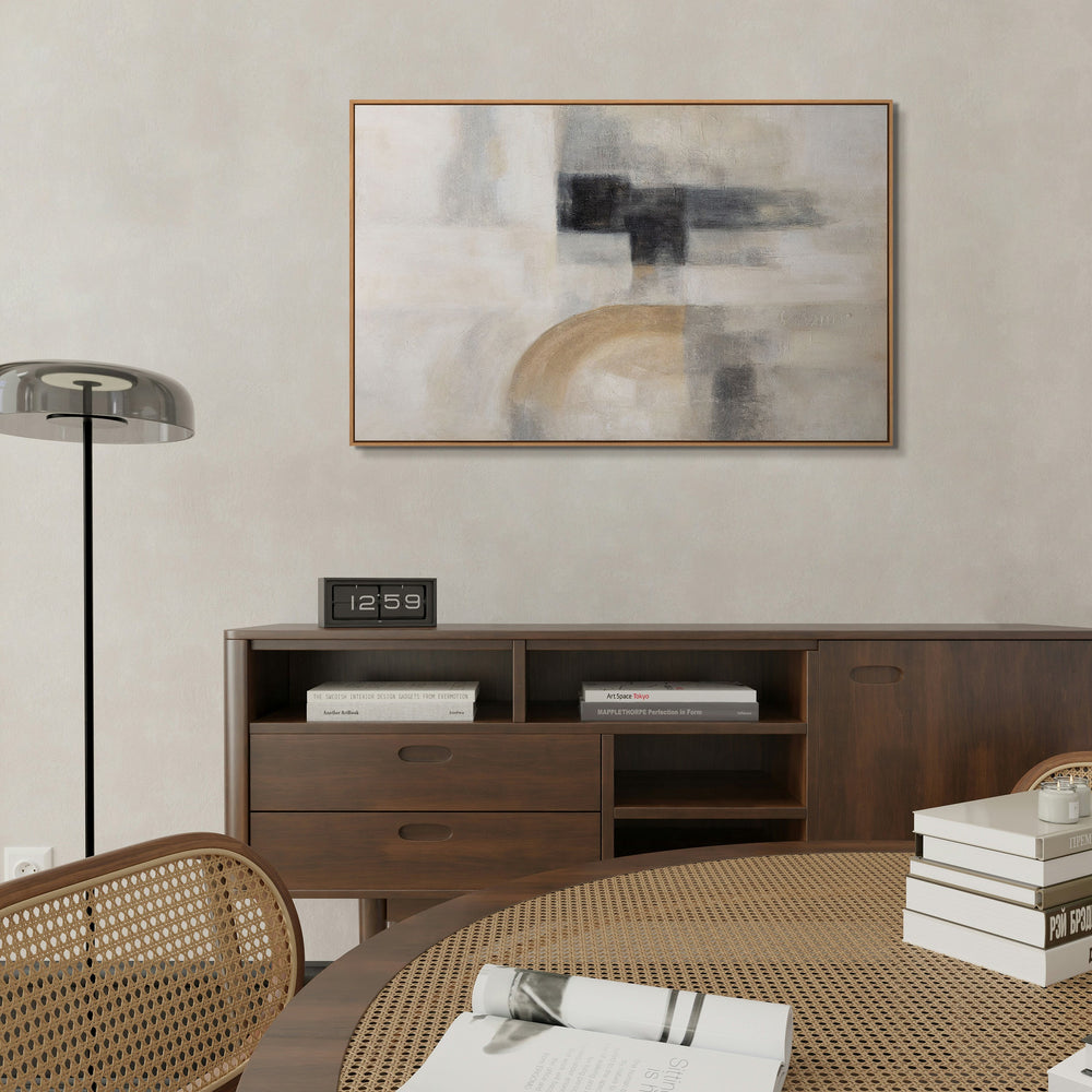 Abstract painting in beige and grey with frame – Modern wall art “Ghostly Light”