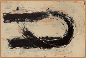 Abstraktes Leinwandbild mit markantem schwarzem Pinselstrich in minimalistischer Komposition