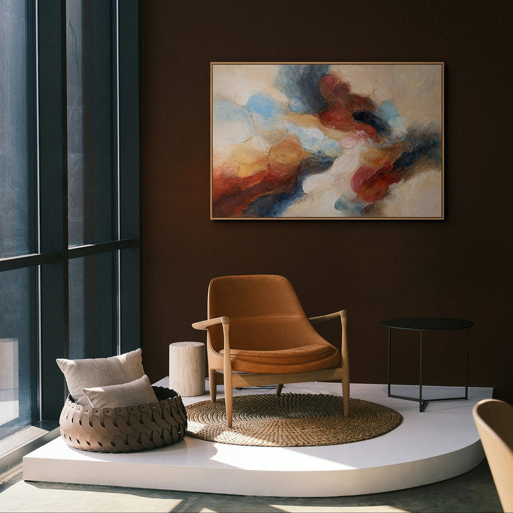 Hand-painted acrylic painting with frame – Modern wall art in blue and red “Music in Color”