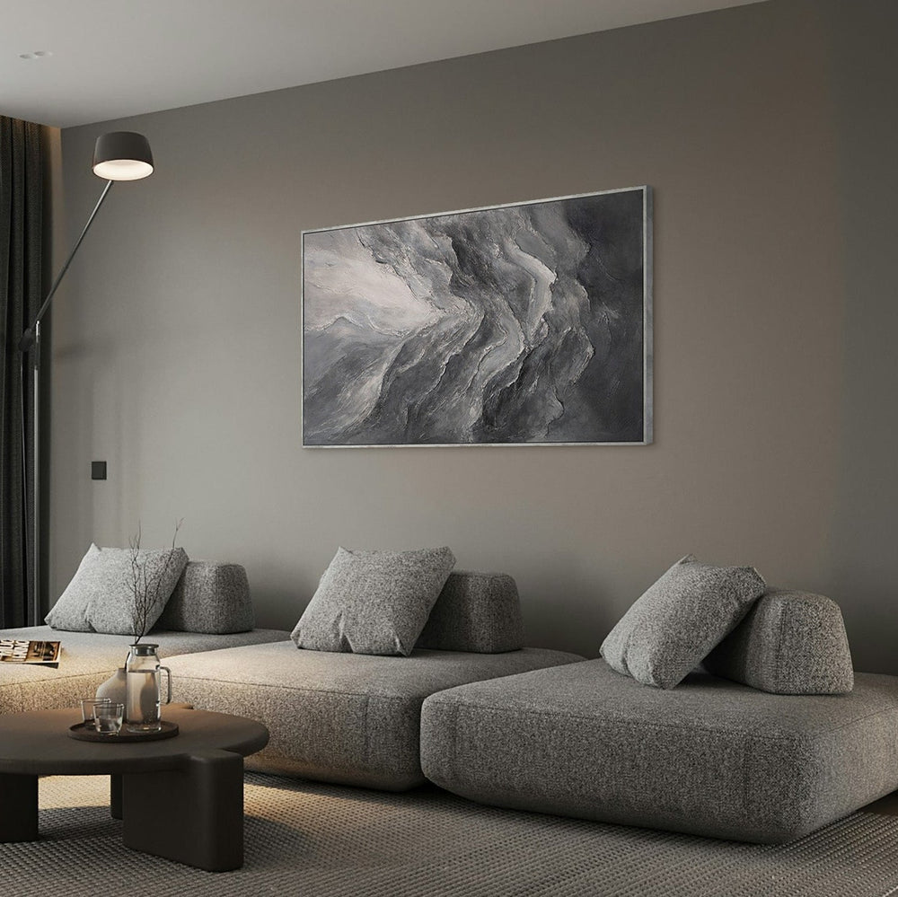 Modern abstract acrylic painting in grey – textured wall art with frame “Memory of the Rocks”