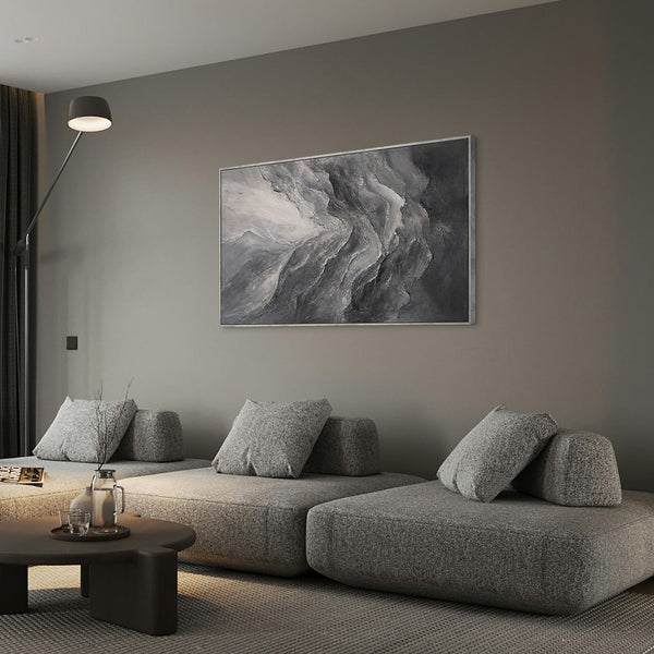 Modern abstract acrylic painting in grey – textured wall art with frame “Memory of the Rocks”