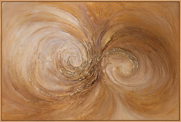 Abstraktes Acrylbild in Gold Braun – strukturierte Wandkunst mit Rahmen „Wirbelwind der Wärme“