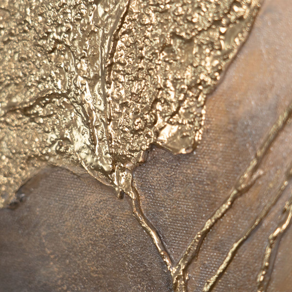 Leinwandbild mit Rahmen „Leuchten in den Wolken“ – Abstrakte Blumen in Goldtönen