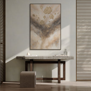 Leinwandbild mit Rahmen „Leuchten in den Wolken“ – Abstrakte Blumen in Goldtönen