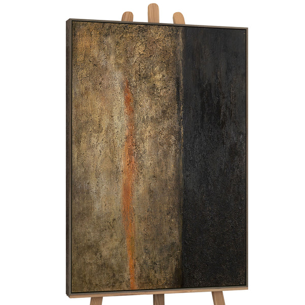 Leinwandbild mit Rahmen „Tiefe der Zeit“ – Abstraktes Acrylgemälde in Gold und Schwarz