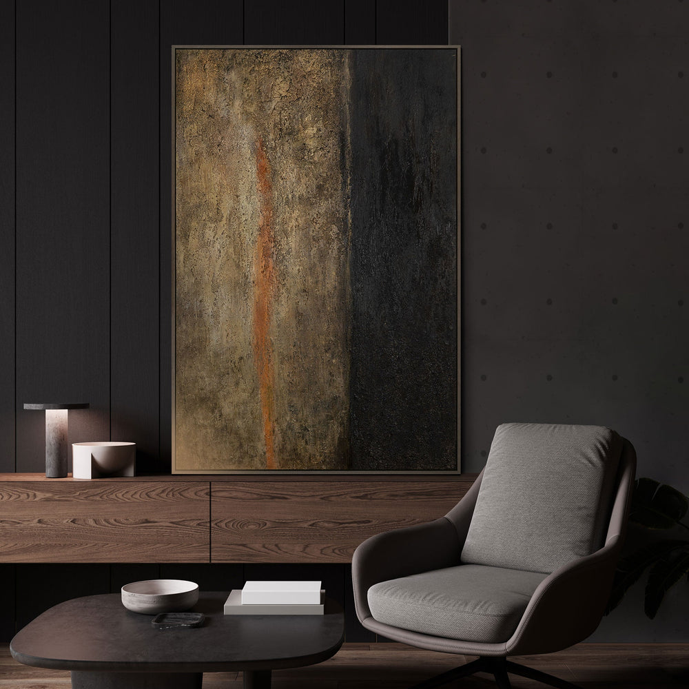 Leinwandbild mit Rahmen „Tiefe der Zeit“ – Abstraktes Acrylgemälde in Gold und Schwarz