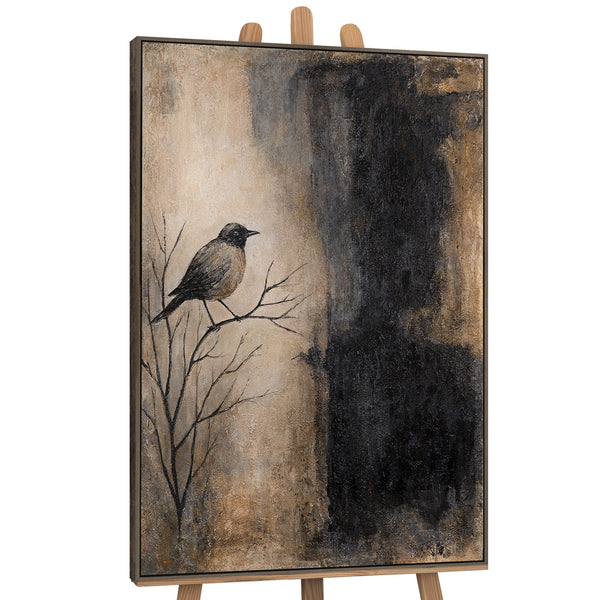 Handgemaltes Bild mit Rahmen „Ast und Schatten“ – Moderner Wanddeko in Beige und Schwarz