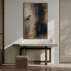 Handgemaltes Bild mit Rahmen „Ast und Schatten“ – Moderner Wanddeko in Beige und Schwarz