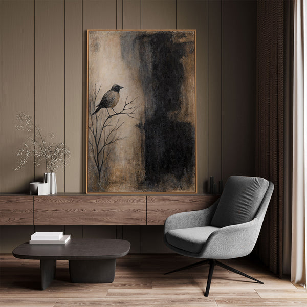 Handgemaltes Bild mit Rahmen „Ast und Schatten“ – Moderner Wanddeko in Beige und Schwarz