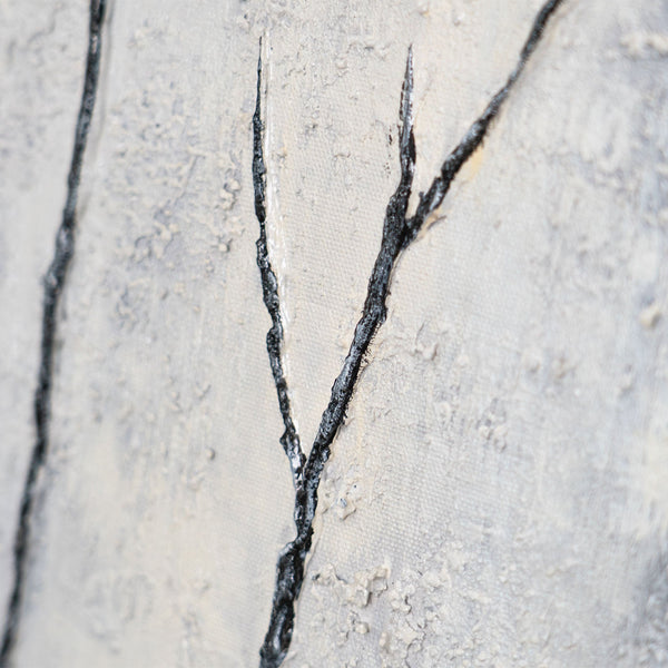 Handgemalte Acrylmalerei mit Rahmen „Atem des Winters“ – Abstrakte Kunst in Schwarz-Weiß