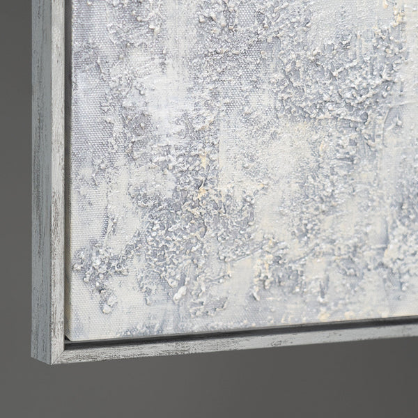 Handgemalte Acrylmalerei mit Rahmen „Atem des Winters“ – Abstrakte Kunst in Schwarz-Weiß