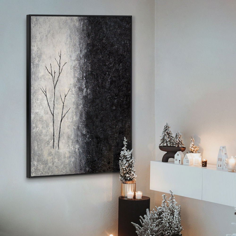 Hand-painted acrylic painting with frame "Breath of Winter" – Abstract art in black and white
