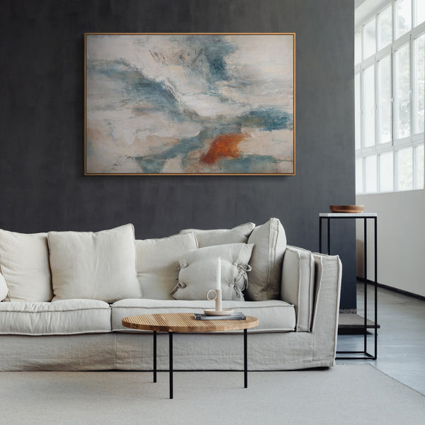 Abstraktes Leinwandbild in Blau, Beige und Rostorange