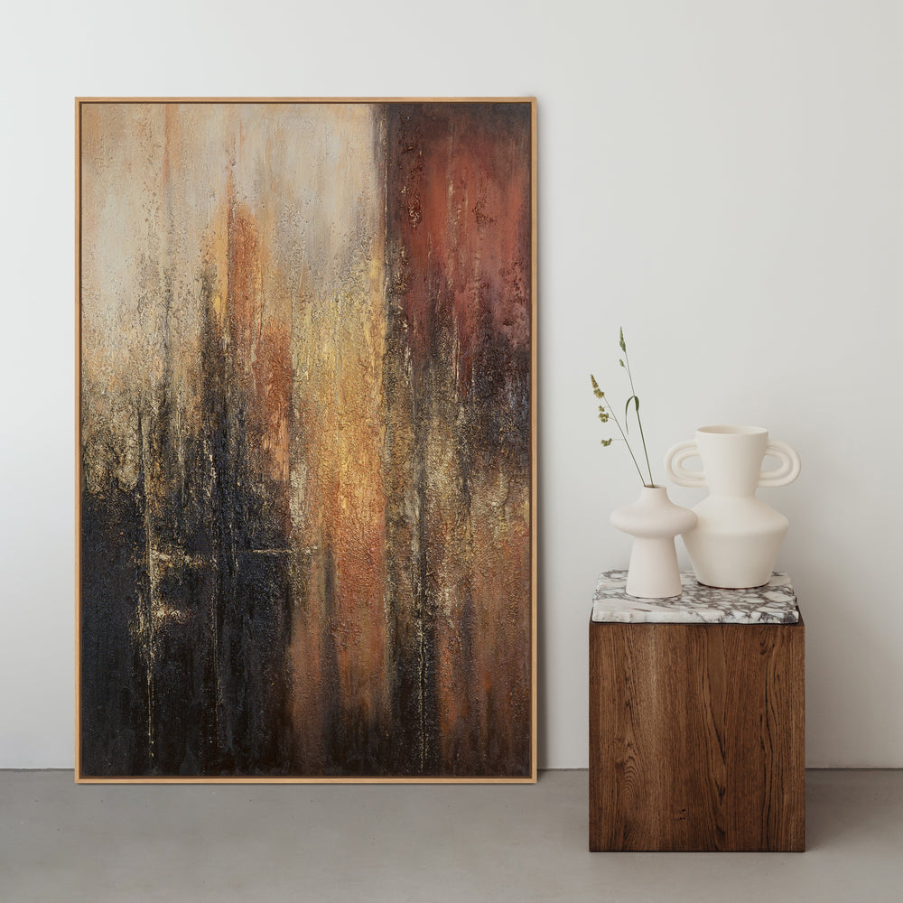 Handgemaltes Acrylbild mit Rahmen „Vertikalen der Zeit“ – Moderne Wandkunst in Gold-Braun