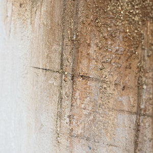 Abstrakte vertikale Struktur auf Leinwand in Beige und Ocker, Detailaufnahme