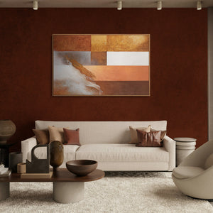 Abstraktes Leinwandbild in Braun und Ocker mit Struktur, modernes Wandbild im Wohnzimmer