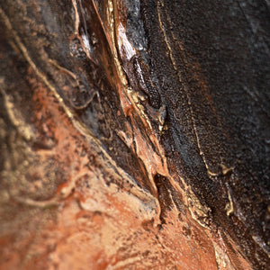 Abstrakte Pinselbewegung auf Leinwand in Schwarz und Kupfer, moderne Kunst