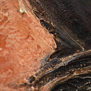 Detail eines abstrakten Leinwandbildes mit kupferfarbenen Akzenten, strukturierte Oberfläche