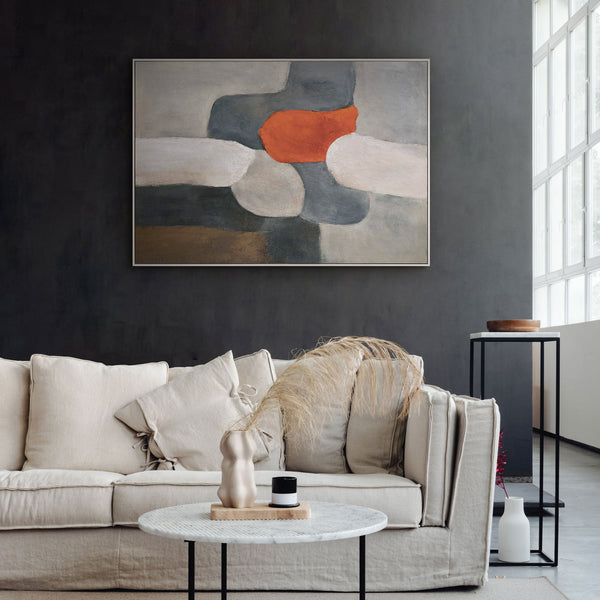 Abstraktes Leinwandbild in Grau und Orange, modernes Wandbild im Wohnzimmer