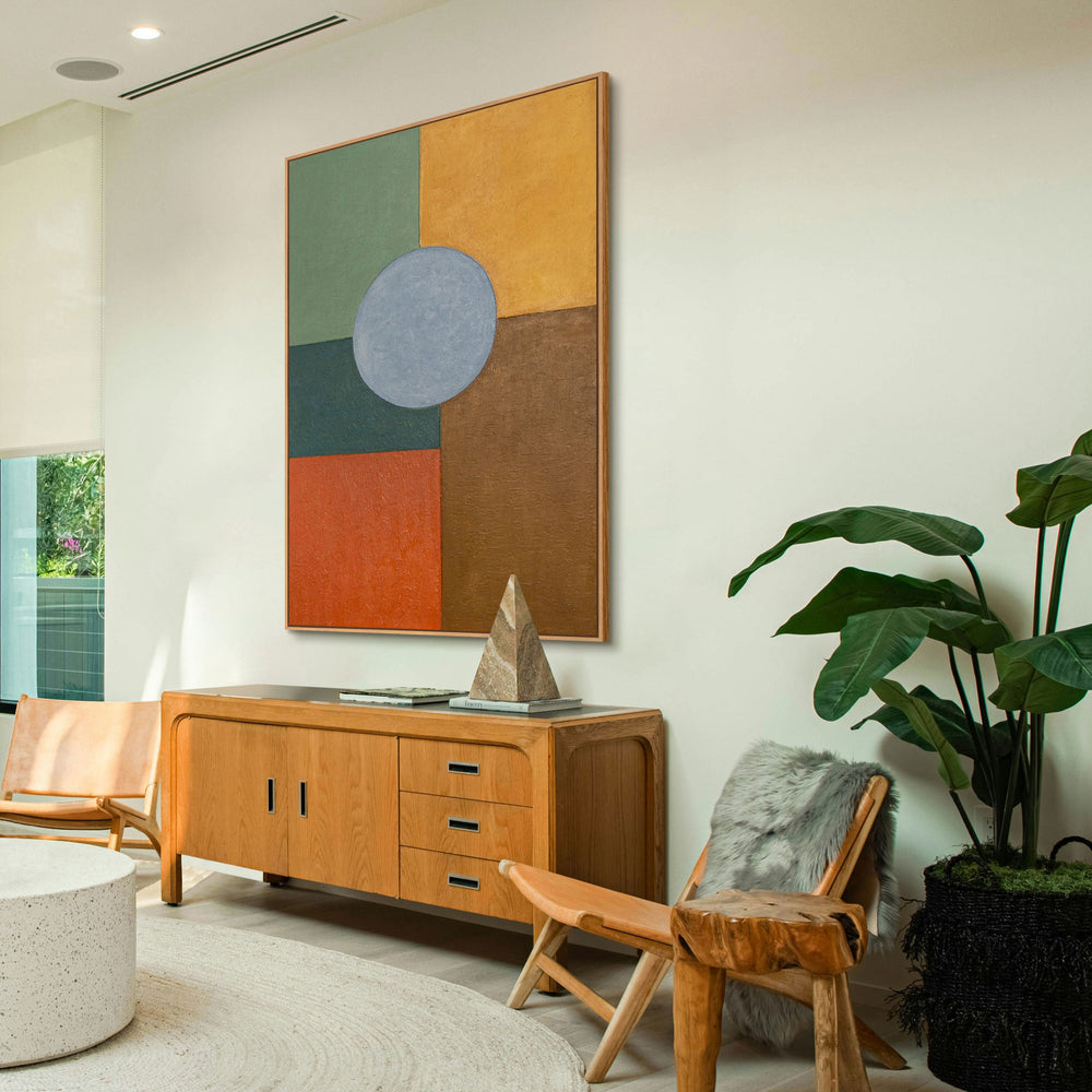 Handgemaltes Acrylbild mit Rahmen „Warme Geometrie“ – Geometrische Wandkunst auf Leinwand