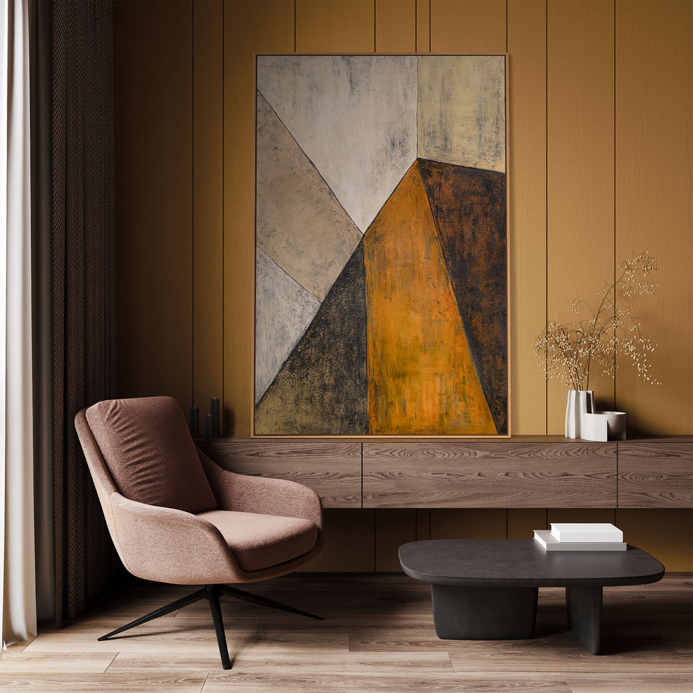 Abstrakte Kunst auf Leinwand mit Rahmen „Begegnung der Ebenen“ - Acrylmalerei in Erdtönen