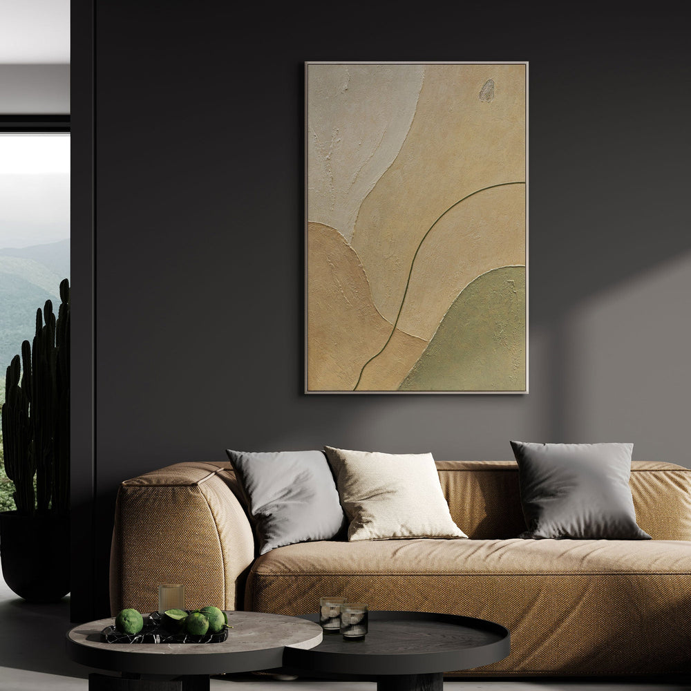 Abstract acrylic painting with frame "Sand Path" – Modern wall art in beige and green
