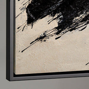 Leinwandbild mit Rahmen „Kraft des Pinselstrichs“ – Handgemalte abstrakte Kunst in Schwarz-Beige