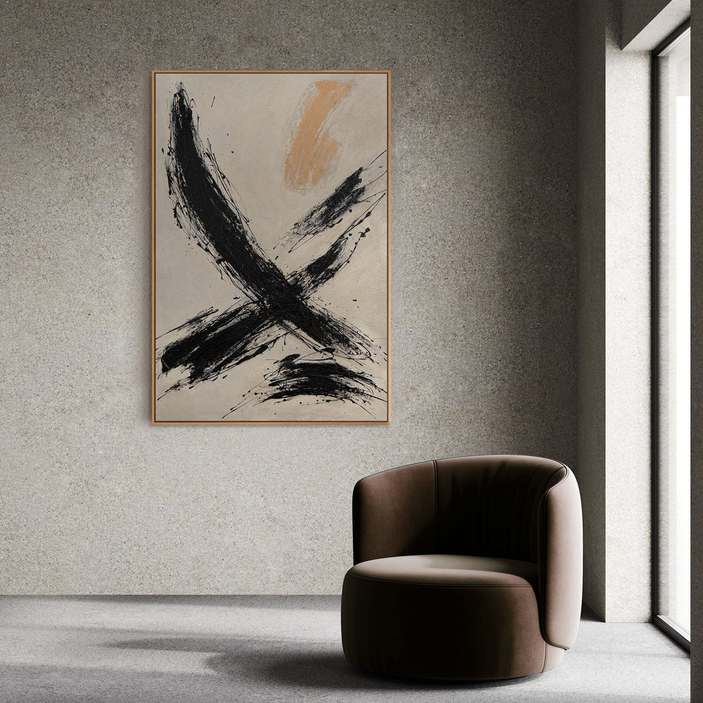 Framed canvas print "Power of the Brushstroke" – Hand-painted abstract art in black and beige