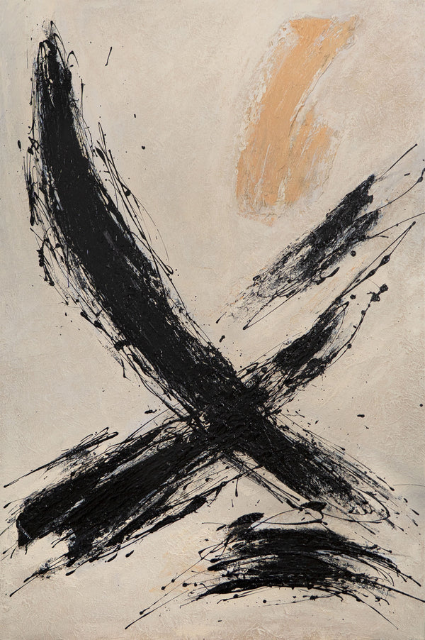 Leinwandbild mit Rahmen „Kraft des Pinselstrichs“ – Handgemalte abstrakte Kunst in Schwarz-Beige