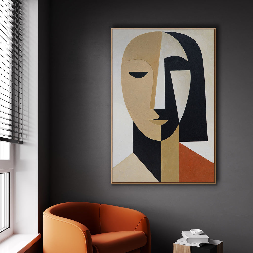 Hand-painted acrylic painting with frame "Geometry of the Face" – Cubist wall art on canvas