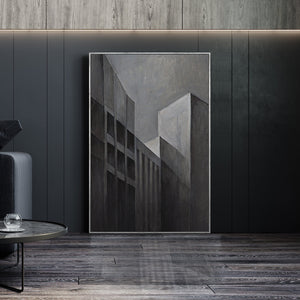 Moderne abstrakte Wandkunst in einem minimalistischen Wohnzimmer