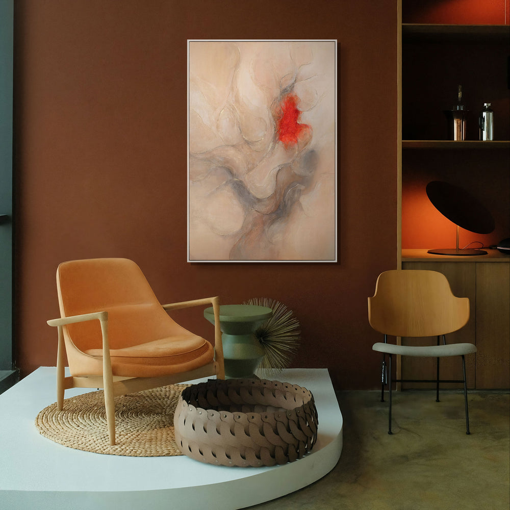 Abstract Acrylic Painting "Echo of the Flames" – Modern Canvas Art in Beige and Red