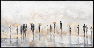 Abstract Figure Painting – Hand-Painted People with Golden Umbrellas on Canvas