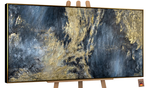 "Spiegelungen II" Hand-Painted Abstract Acrylic Art – Gold & Black Canvas Painting