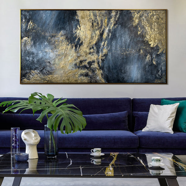 "Spiegelungen II" Hand-Painted Abstract Acrylic Art – Gold & Black Canvas Painting