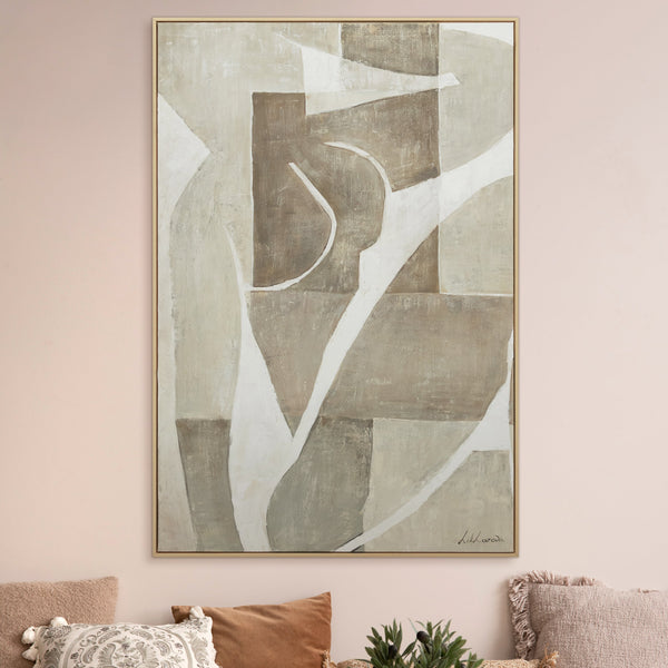 "Mery" Modern Canvas Painting with Frame for Living Room – Abstract Artwork in Beige & White