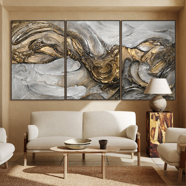 "Tsunami" Hand-Painted Triptych Canvas for Living Room with Frame