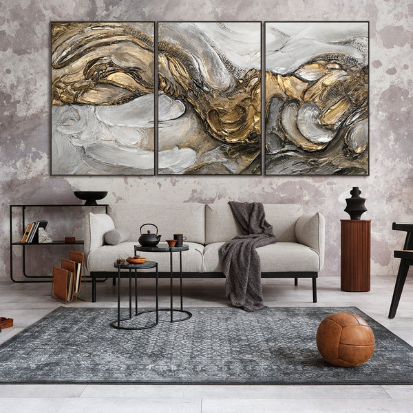 "Tsunami" Hand-Painted Triptych Canvas for Living Room with Frame