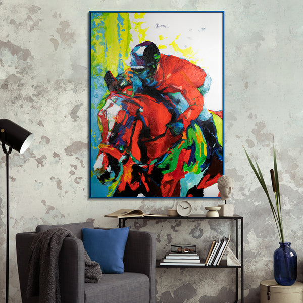 Colorful canvas art with frame "Flight of horsemanship"