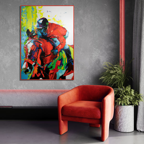 Colorful canvas art with frame "Flight of horsemanship"