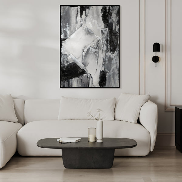 "Contrasting Reflections" Black White Art Hand-Painted Abstract Canvas Artwork with Frame 
