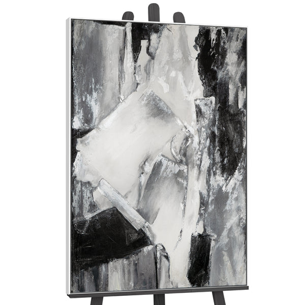 "Contrasting Reflections" Black White Art Hand-Painted Abstract Canvas Artwork with Frame 